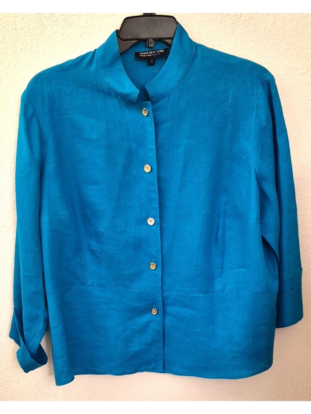 Vintage Jones New York 100% Linen Turquoise Roll Tab Tunic Shirt Jacket 2X EUC